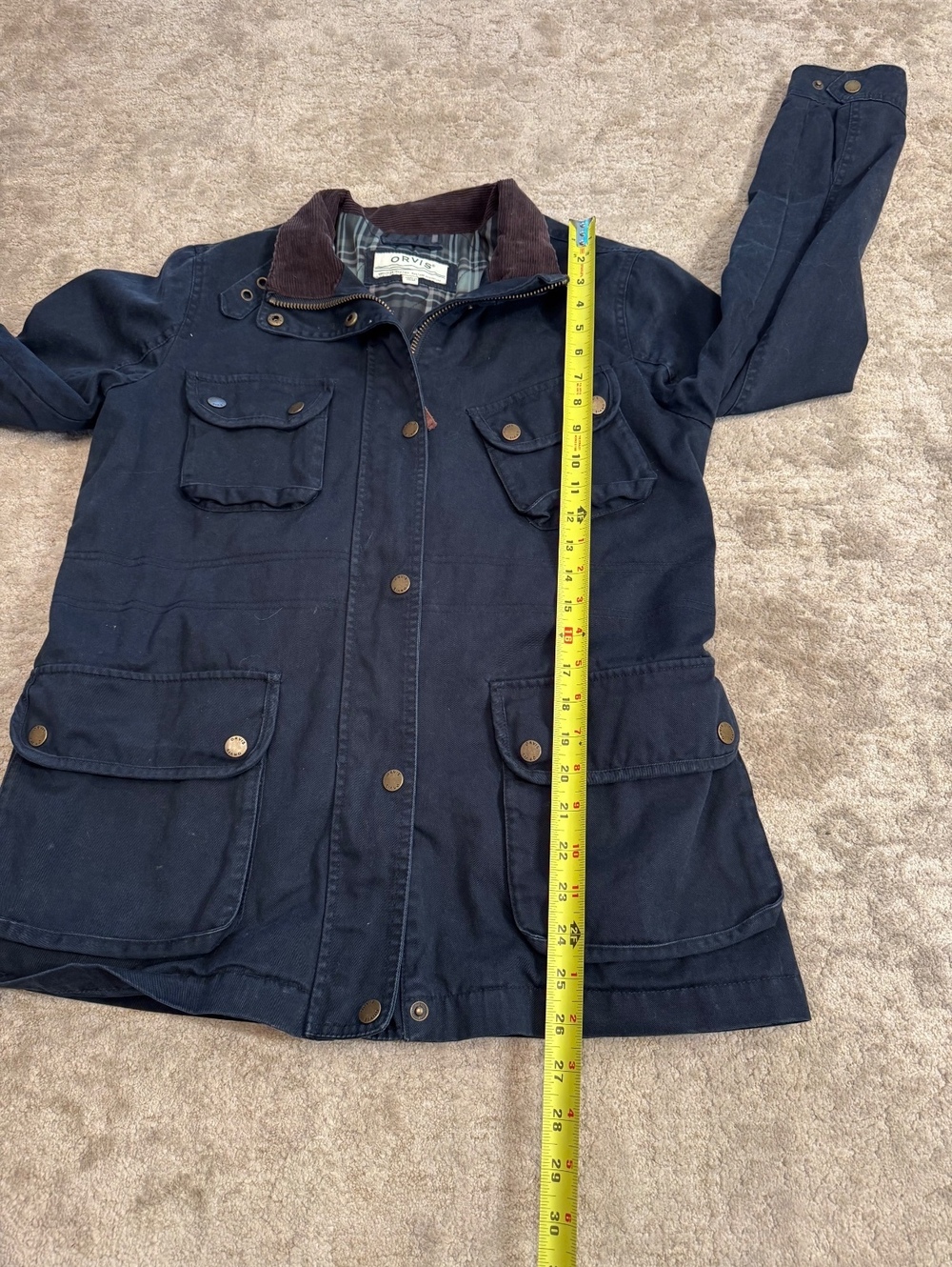 Orvis Womens M Barn Field Jacket Navy Corduroy Collar Plaid Lined Chore Coat - Picture 5 of 6